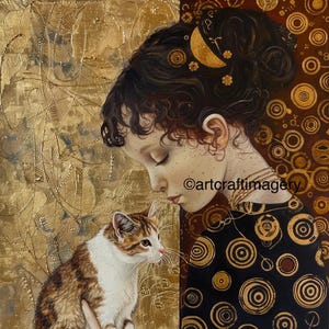 Láminas para dormitorios de niñas, decoración de habitaciones de niñas, arte de pared para niñas. Niña con gato 3. Estilo Gustav Klimt.