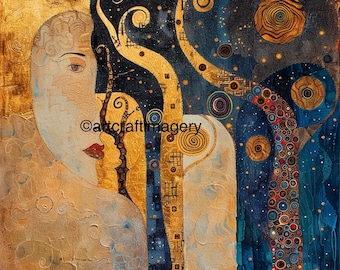 May include: Abstract painting with a woman's face on the left side, a gold background, and a blue and gold background on the right side. The painting features swirling patterns and a variety of colors, including gold, blue, black, and white.