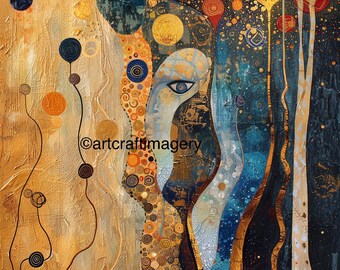 May include: Abstract painting with a blue eye, gold and brown swirls, and a dark blue background. The painting is made up of different textures and layers.