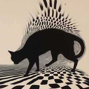 Może przedstawiać: Czarno-biała ilustracja kota idącego po szachownicy. Sylwetka kota jest czarna, z teksturowanym tłem. Tekst "Artcraftimagery" jest widoczny na dole obrazu.