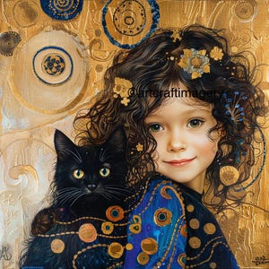 Láminas para dormitorios de niñas, decoración de habitaciones de niñas, arte de pared para niñas. Niña con gato 2. Láminas artísticas de pared para habitación infantil. Estilo Gustav Klimt