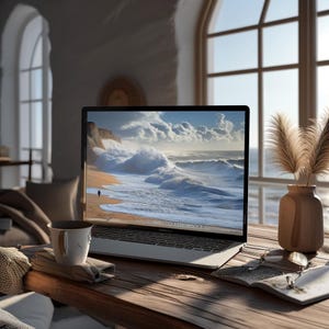 Könnte beinhalten: Ein Laptop mit einer Küstenlandschaft mit tosenden Wellen steht auf einem Holztisch. Eine weiße Tasse mit einem dunklen Getränk steht auf einem Holzuntersetzer. Eine Vase mit getrockneten Pflanzen und ein offenes Buch mit Brille stehen ebenfalls auf dem Tisch.