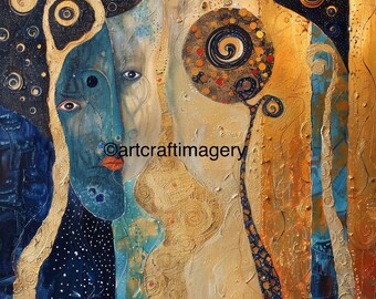 May include: Abstract painting with gold, blue, and white colors. The painting features two faces, a swirling pattern, and a textured background.