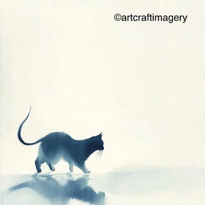 May include: A watercolor painting of a black cat walking on a white background. The cat's reflection is visible in the water below.