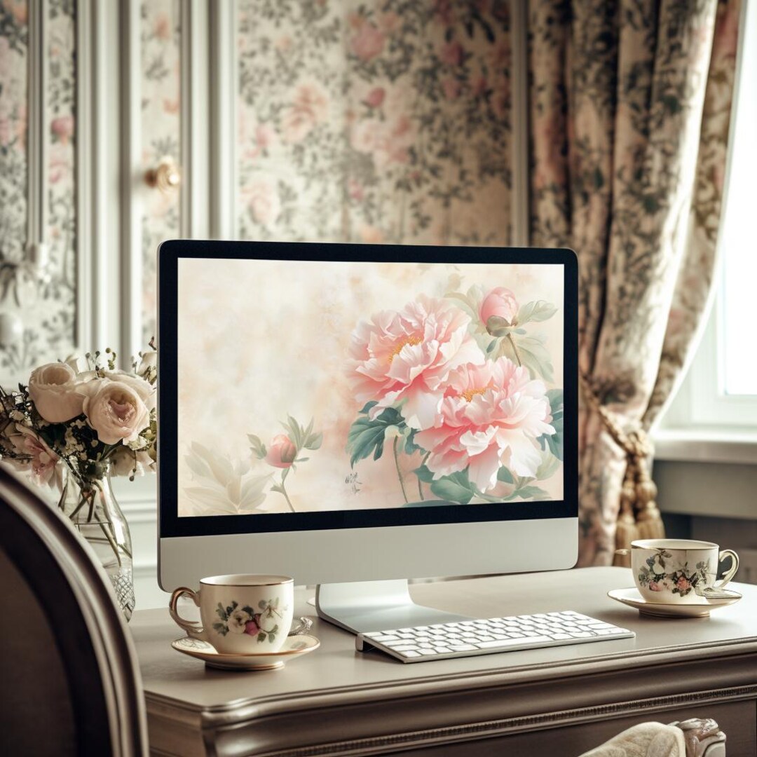 Vintage Peony Desktop Wallpaper Set. Botanical Moody Background. Laptop ...