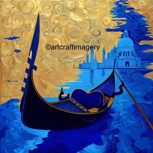 Moderne Kunst Erholung Italien Venedig Blaue Gondeln Gemälde Druckbare Kunst, Digitaldruck, Einzigartiges italienisches Kunstwerk Hellblaue Wandkunst