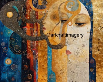 May include: Abstract painting with two faces, one on the left and one on the right, with swirling gold and black lines and a blue background.