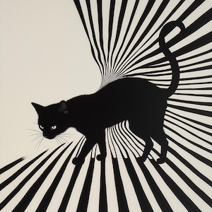 May include: Black cat silhouette walking across a black and white striped background. The artwork features a stylized, optical illusion design with the text "Artcraftimagery" at the bottom.