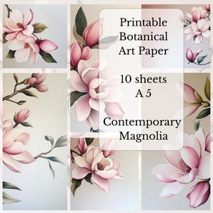 Può includere: Carta d'arte botanica stampabile con illustrazioni ad acquerello di fiori di magnolia rosa e bianchi. Il testo recita "10 fogli A5 Contemporary Magnolia."