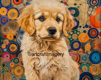 Arte de parede imprimível de Golden Retriever, retrato colorido de cachorro, impressão de arte moderna de animais de estimação, decoração fofa de filhote, presente para amantes de cães, download instantâneo