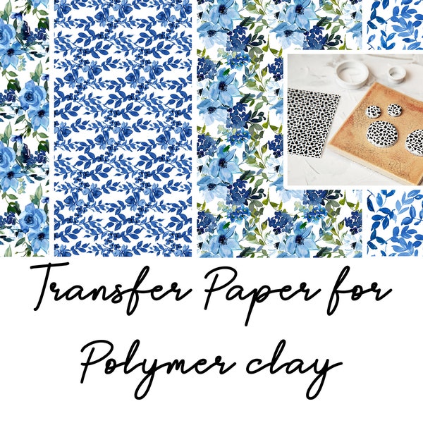 Papier transfert pour argile polymère (Fimo, Cernit, Sculpey) - Bleu floral