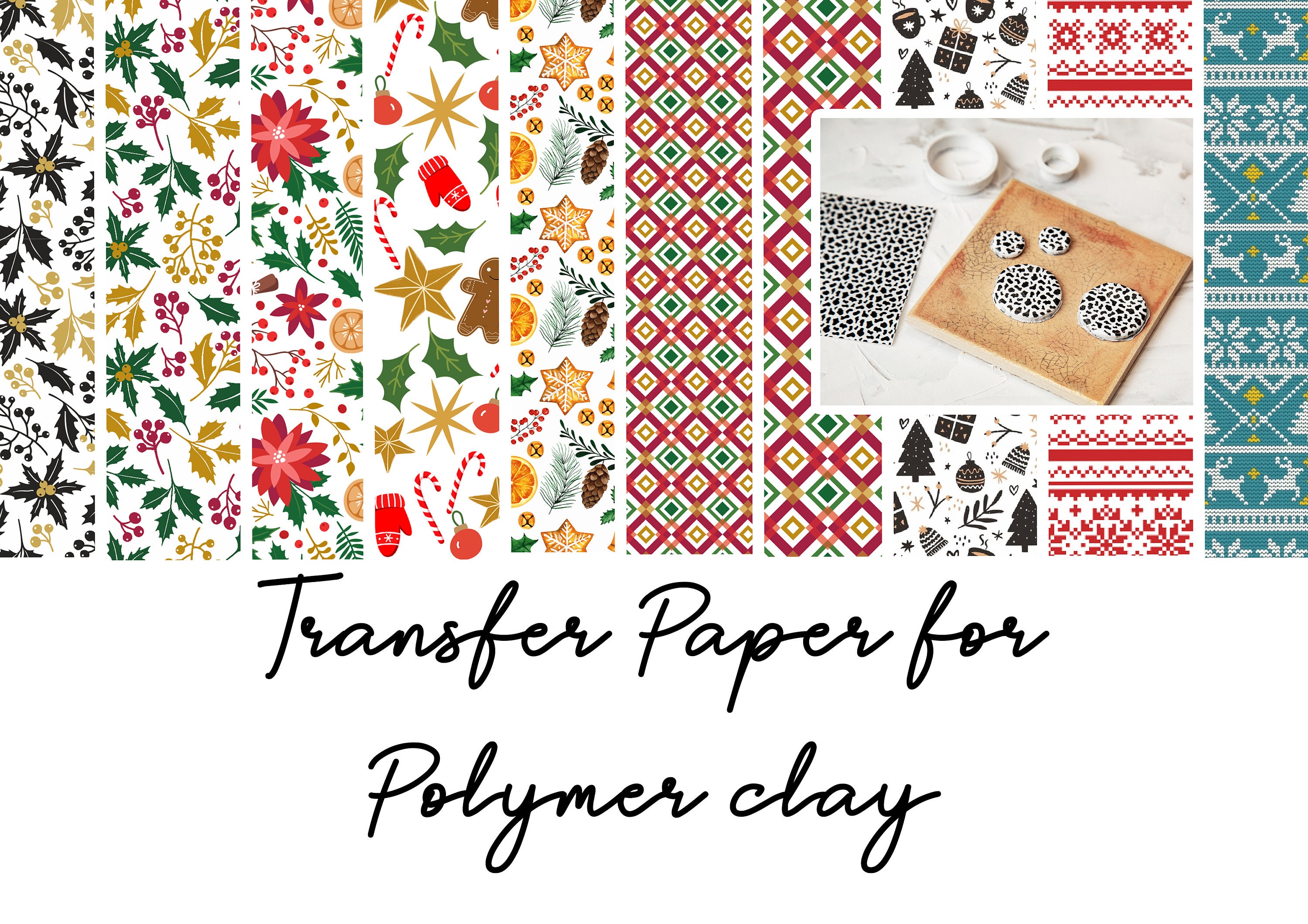Clay Transfer Paper, Holiday Pattern Set, Christmas Transfer Paper Set,  Candy Cane, Snowman, Holiday Lights Set, Polymer Clay, Art Supplies 