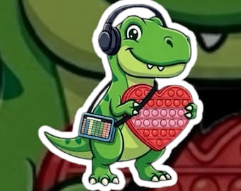 Può includere: Un dinosauro verde dei cartoni animati con le cuffie e che tiene in mano un giocattolo pop-it rosso a forma di cuore. Il dinosauro ha anche un piccolo dispositivo colorato appeso alla spalla. L'immagine ha un bordo bianco.