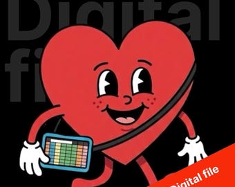 Può includere: Illustrazione in stile cartone animato di un personaggio a forma di cuore rosso con un volto sorridente, guanti bianchi e gambe. Il cuore indossa una cinghia nera e porta un piccolo tablet con un foglio di calcolo colorato. Lo sfondo è nero, con le parole "Digital file" in bianco e rosso.