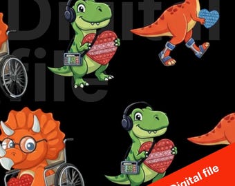 Può includere: Un file digitale con dinosauri dei cartoni animati. Un dinosauro verde indossa le cuffie e tiene in mano un giocattolo pop-it a forma di cuore rosso. Un altro dinosauro arancione tiene in mano un giocattolo pop-it a forma di cuore blu. Il testo "Digital file".
