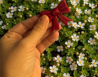 Può includere: Un fiocco rosso scuro, posto su uno sfondo di piccoli fiori bianchi con centri gialli e foglie verdi. Il fiocco è il punto focale, con il suo design intricato e il colore ricco che contrasta con lo sfondo naturale.