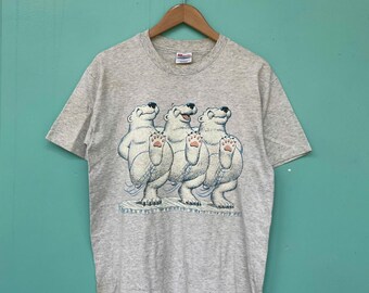 Camiseta vintage engraçada com estampa de urso polar dos anos 90, costura única, tamanho M (67x50).