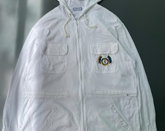 Jaqueta parka vintage YSL com zíper, anos 90, branca, tamanho ~XL.