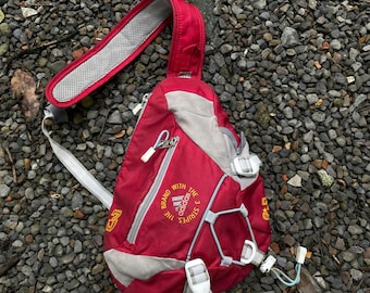 Mochila tiracolo Adidas vintage dos anos 2000, modelo Y2K, estilo gorpcore, vermelha e cinza.
