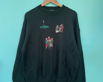 Suéter vintage GOLFINO dos anos 90 com bordado de cena de golfe - Fabricado na Itália