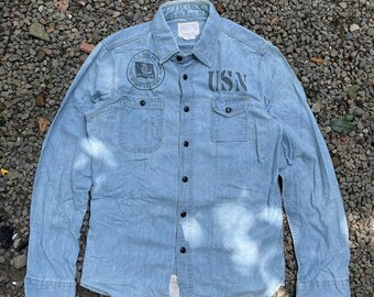 Camisa masculina USN Chambray – Estampa militar em estêncil, USS Henley Cotton L
