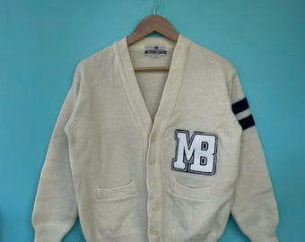 Cardigã vintage Macbeth creme off-white de lã com decote em V dos anos 90 | Marca japonesa Goodness, tamanho M padrão