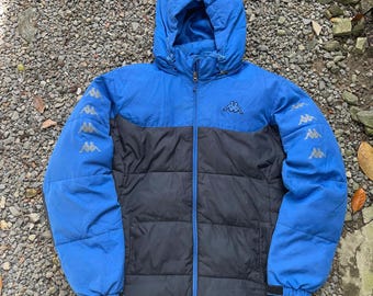 Jaqueta puffer com capuz Kappa vintage dos anos 2000, azul, tamanho XL