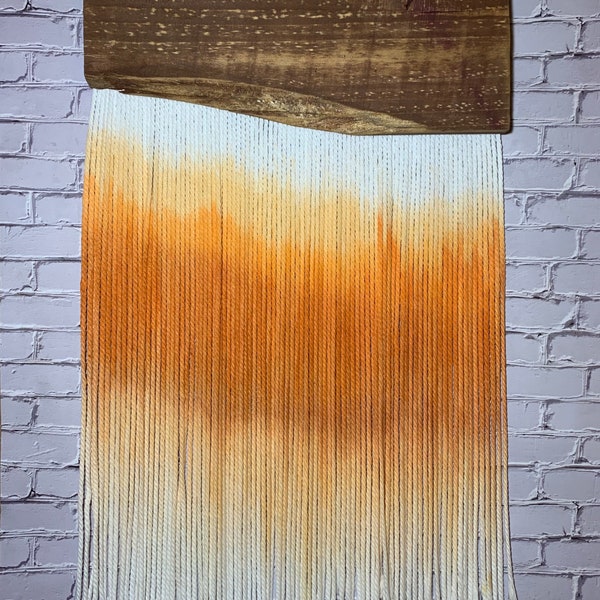 Handmade dip-dyed macrame wall hanging/fiber art made with reclaimed wood. A portion of proceeds benefit non-profit San Bernardino dog rescu