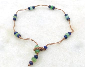 Trendy bracelet &quot;Cabris&quot; with blue Sapphire and green Chrysoprase | Knotted silk bracelet | Handmade jewelry | Summer jewelry
