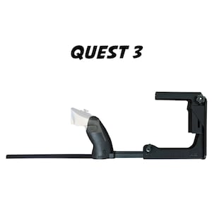 May include: Black plastic stand with a rotating arm for holding a Meta Quest 3 virtual reality headset. The stand has a knob for adjusting the arm's angle.