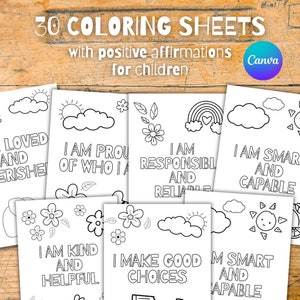 子供向けデジタルぬり絵 30 ページ、子供向けの肯定的な言葉、Canva テンプレート、保育園の室内装飾、デジタル ダウンロード