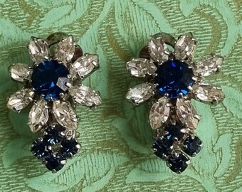 1950's Blue & Clear Diamante Clip On Earrings
