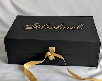 Luxurious Deep A4 Size Personalised Black Gift Box with shredded black tissue and ribbon