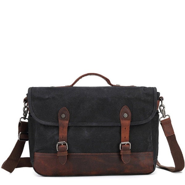 Waxed Canvas Messenger bag Vintage waterproof crossbody large satchel messenger bag shoulder bag with leather accents