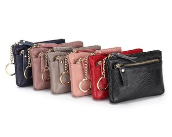 Small Wallet - Genuine leather zip coin purse with keychain holder