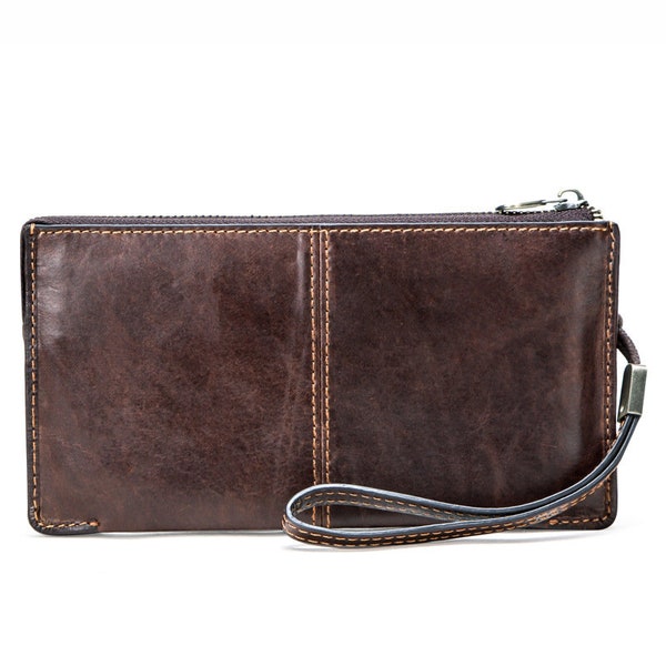 Leather wrist wallet, small clutch carry all with RFID protection