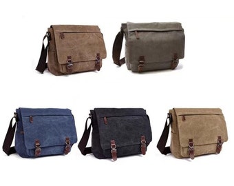 Canvas crossbody messenger bag with front zipper. Water resistant with padded sleeve for laptop