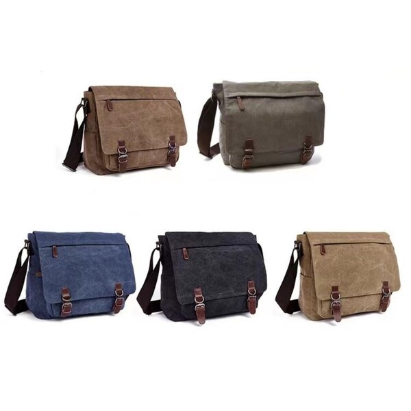 Canvas crossbody messenger bag with front zipper. Water resistant with padded sleeve for laptop