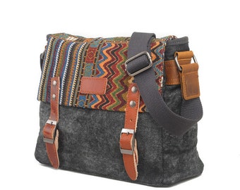 Canvas messenger bag with embroidered flap