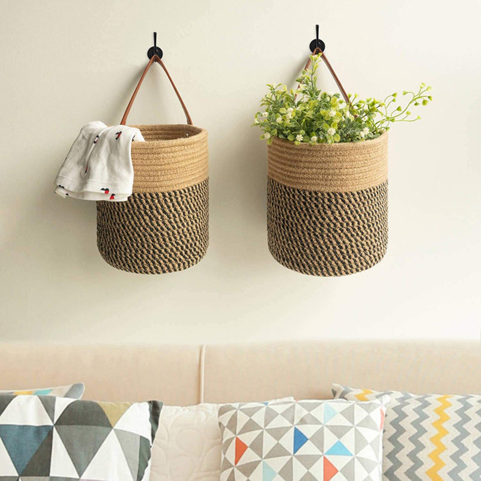 2 piece Hemp Rope Hanging Basket set Etsy