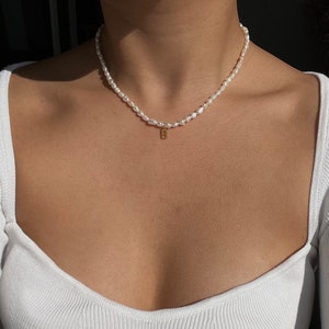gold initial charm freshwater pearl dainty choker necklace