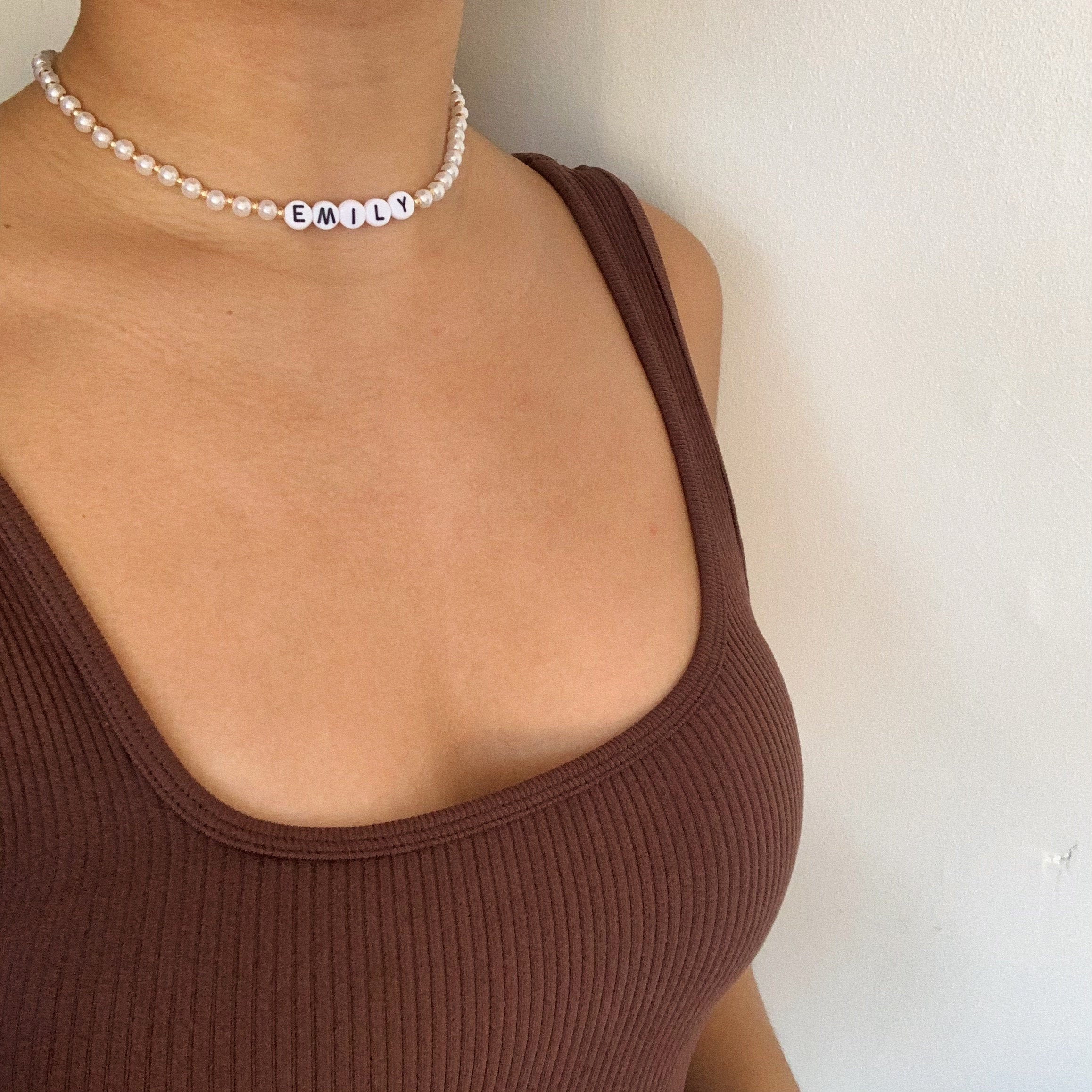 white and gold pearl personalised name choker necklace