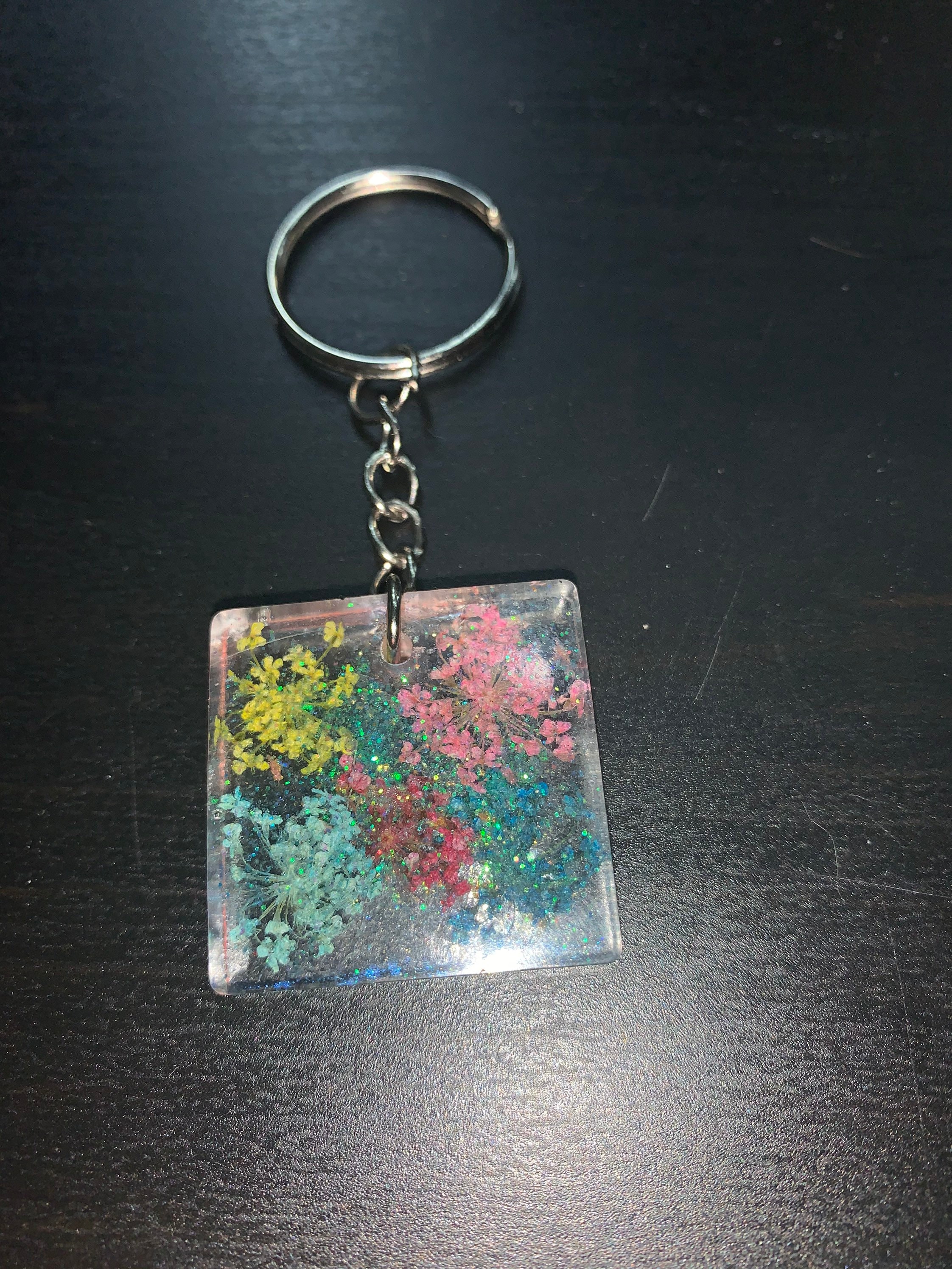 Square resin keychain with glitter and flowers Etsy