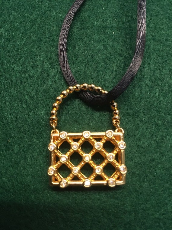 Swarovski Crystal Gold Tone Weave Purse Necklace … - image 3