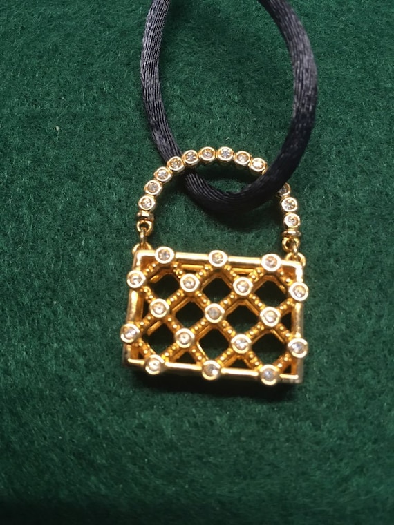 Swarovski Crystal Gold Tone Weave Purse Necklace … - image 1