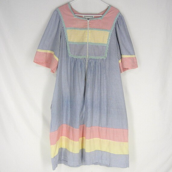 vtg SAYBURY Rainbow Seersucker Dress XL Patio Hous