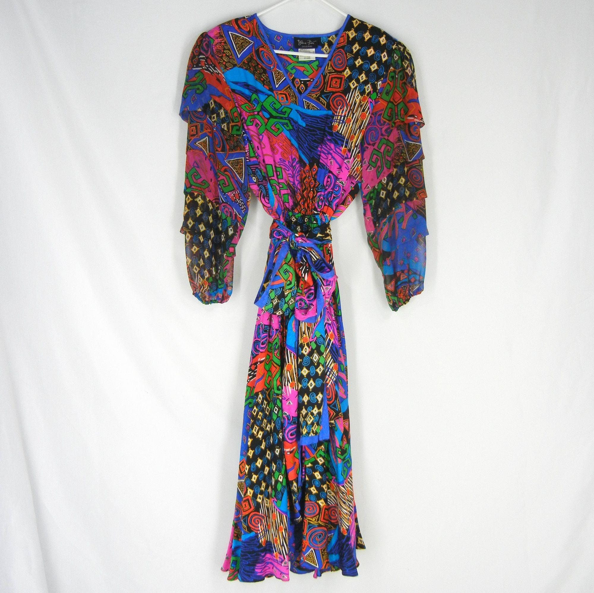 Vtg DIANE FREIS Silk Abstract Print Dress Vivid Colors w/ Sash | Etsy