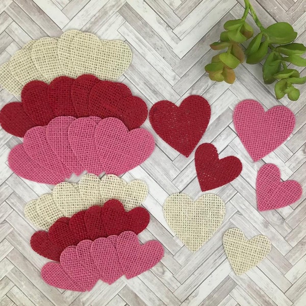 Valentine Die Cut Hearts, Valentine Decoration, Rustic Scrapbook Die Cuts, Burlap Hearts, Primitive Hearts, Table Scatter, Wreath Decoration