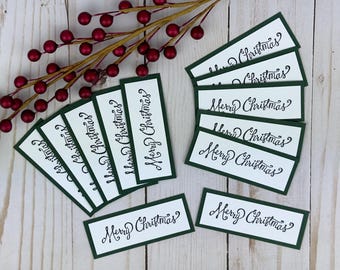 Christmas Stamped Sentiments Card Making Supplies, Set of 12 Green Merry Christmas Scrapbook Embellishments, Junk Journal Supply Ephemera