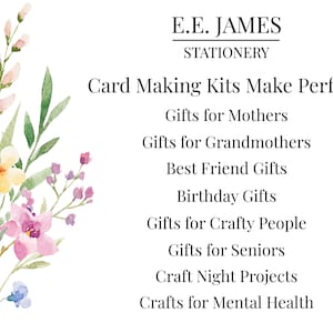 Puede incluir: Una tarjeta blanca con un arreglo floral en acuarela de flores rosas, amarillas y moradas a la izquierda. El texto dice: E.E. JAMES STATIONERY, Card Making Kits Make Perfect: Gifts for Mothers, Grandmothers, Best Friend, Birthday, Crafty People, Seniors, Craft Night Projects, and Crafts for Mental Health.